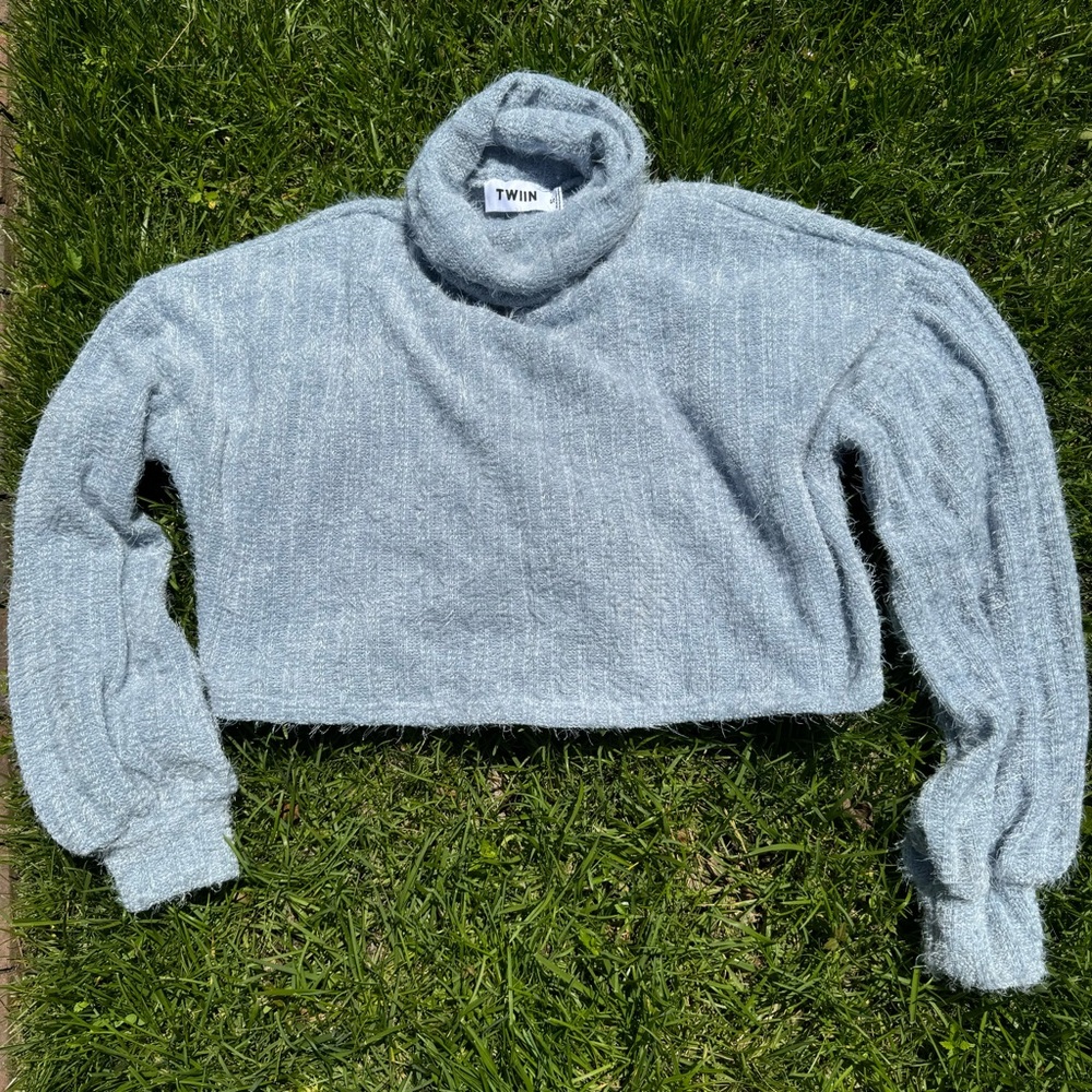 Women's Light Blue Cropped Turtleneck Sweater